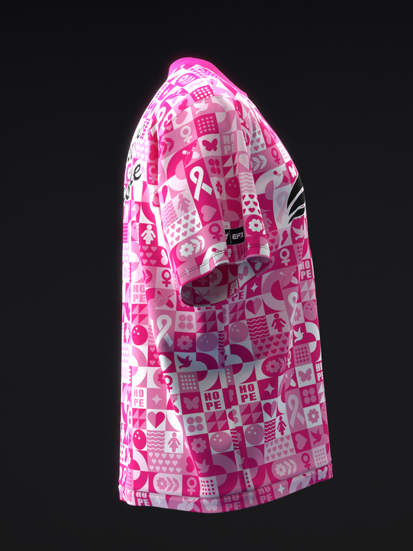 Pink bowling jersey with all-over geometric and symbol collage pattern, side view