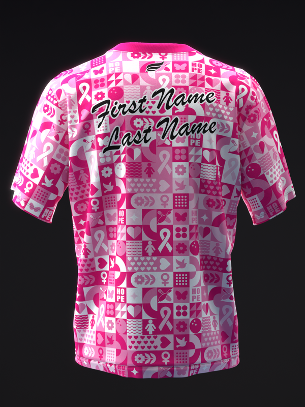 Pink bowling jersey with geometric collage pattern and personalized name placement on back