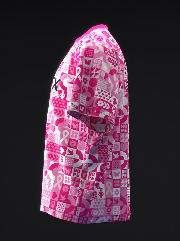 Pink bowling jersey with patchwork collage pattern featuring symbols and text