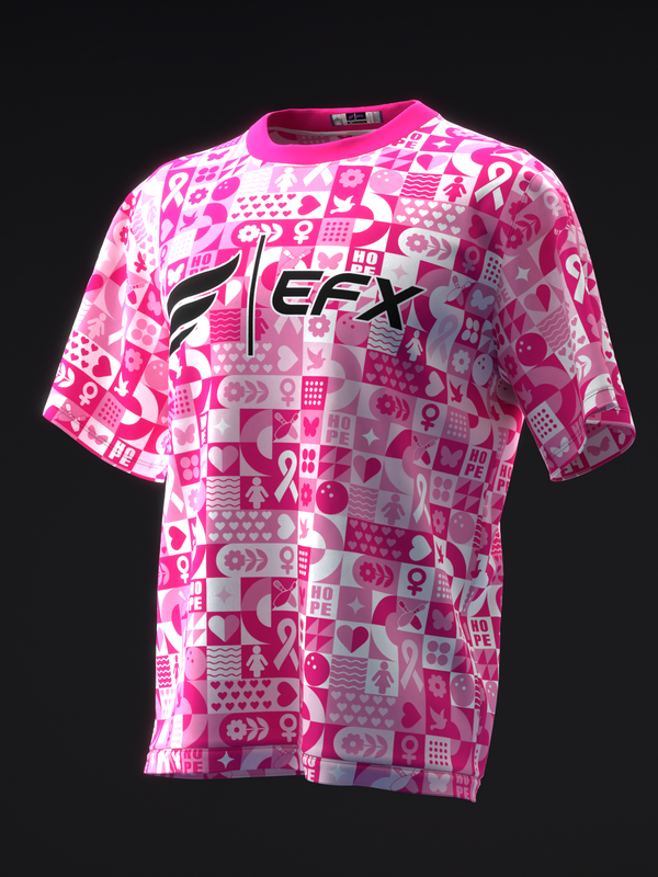 Pink bowling jersey with EFX logo and multicolor geometric collage pattern, front view