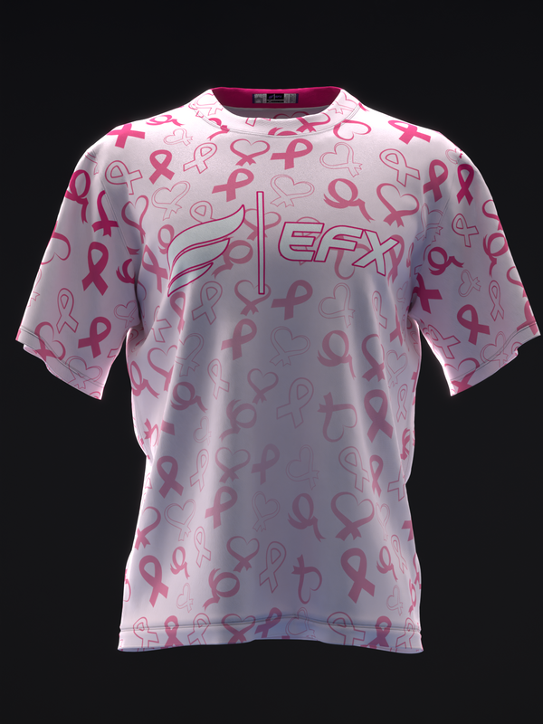 Light pink bowling jersey with EFX logo and faded ribbon heart pattern, front view