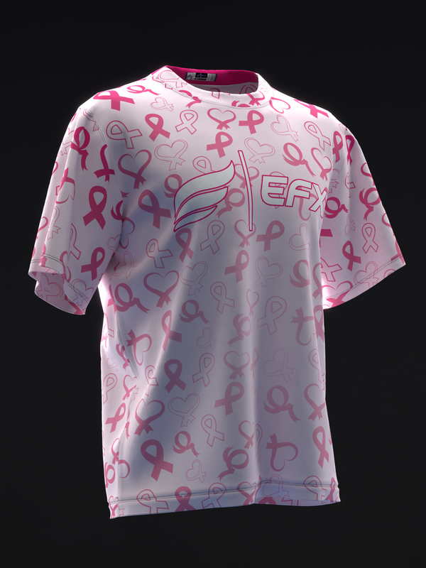 Pink bowling jersey with faded ribbon and heart pattern throughout