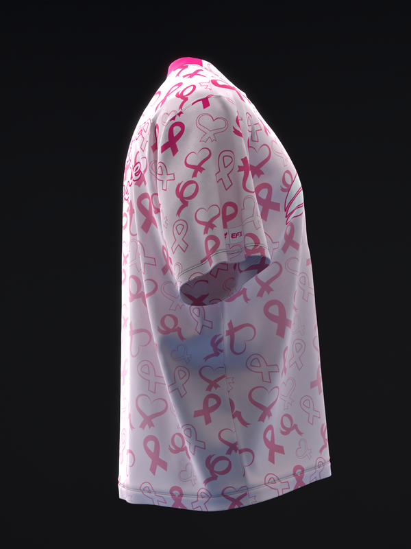 Light pink bowling jersey with faded ribbon and heart symbols throughout