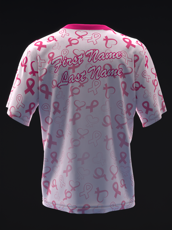 White bowling jersey with pink ribbon and heart pattern, back view with name lines