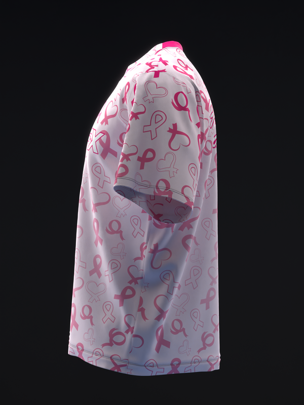 White bowling jersey with pink and gray ribbon and heart pattern, side view