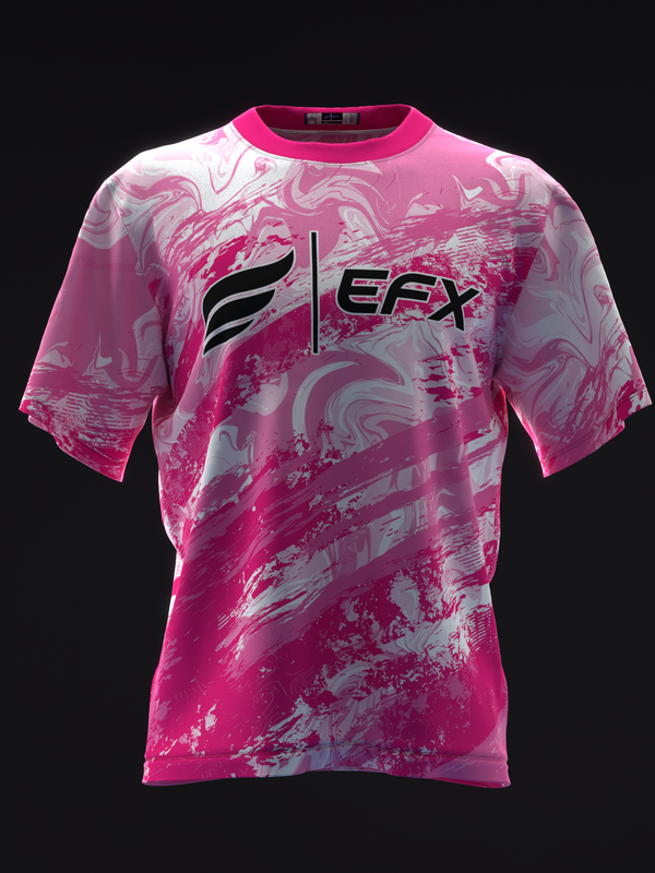 Pink bowling jersey with white and gray grunge pattern and EFX logo, front view