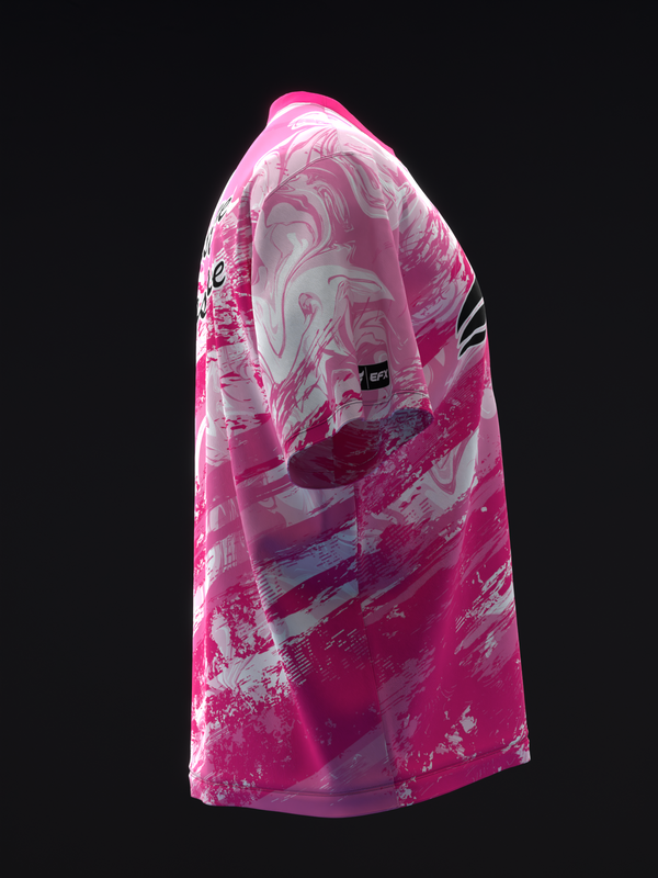 Pink bowling jersey with white and gray grunge paint texture design, side view