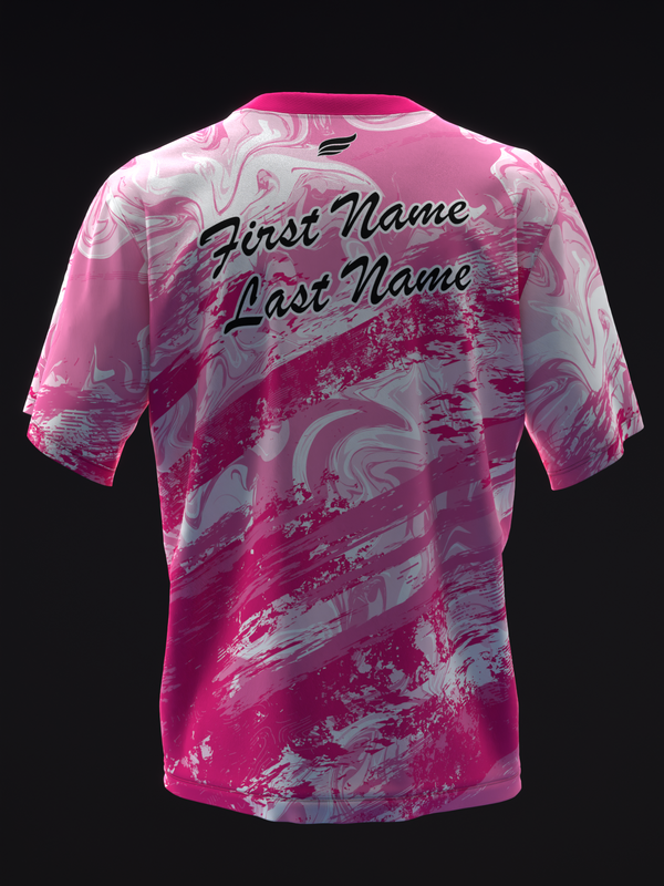 Pink bowling jersey with white and magenta grunge pattern, back view