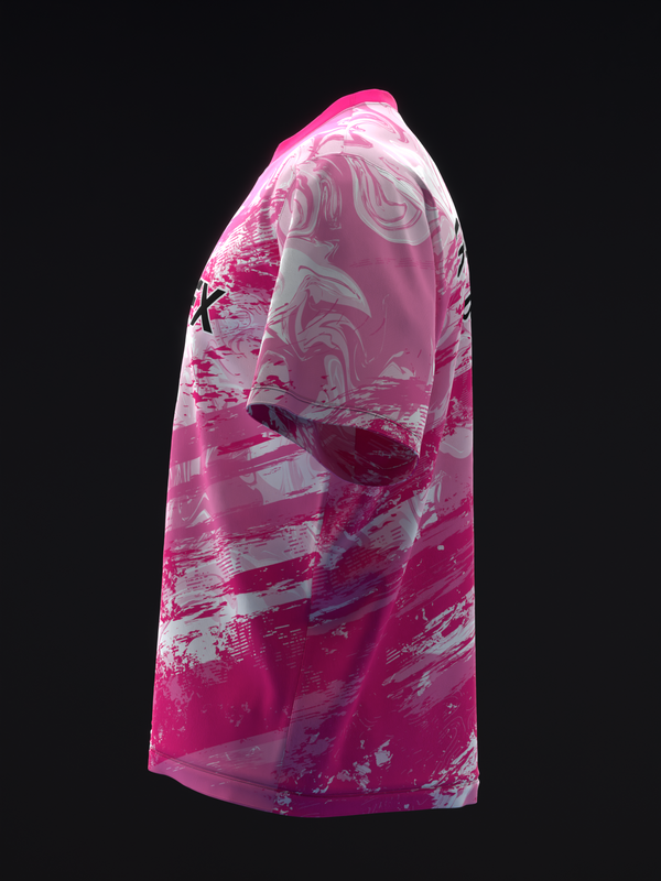 Pink bowling jersey with white grunge pattern and swirl design, side view