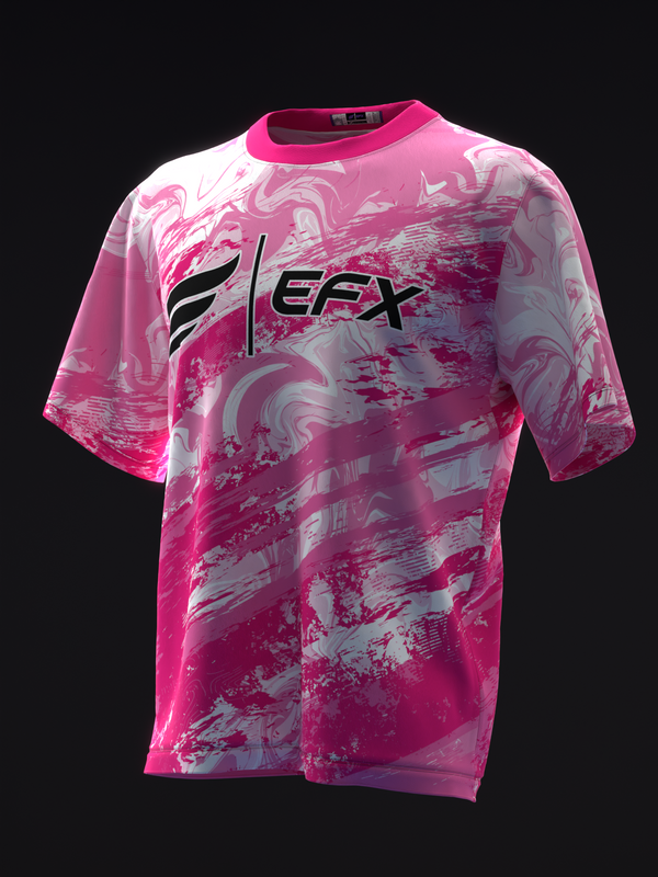 Pink bowling jersey with abstract grunge pattern and EFX logo, front view