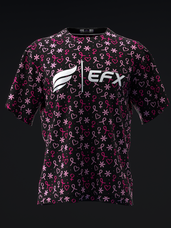 Black bowling jersey with pink hearts, ribbons, and star pattern, EFX logo front