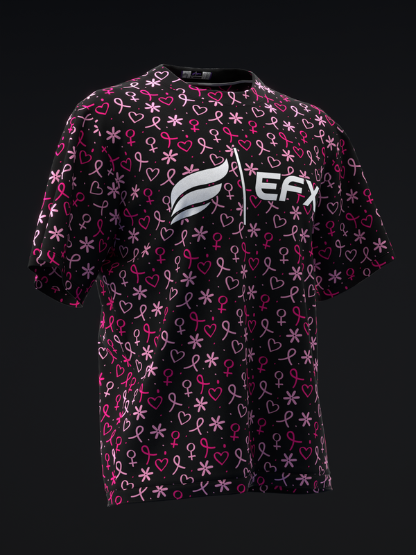 Black bowling jersey with pink hearts, ribbons, and symbols throughout