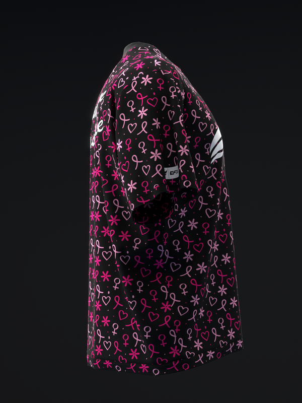 Black bowling jersey with pink and white heart, ribbon, and star pattern, back view