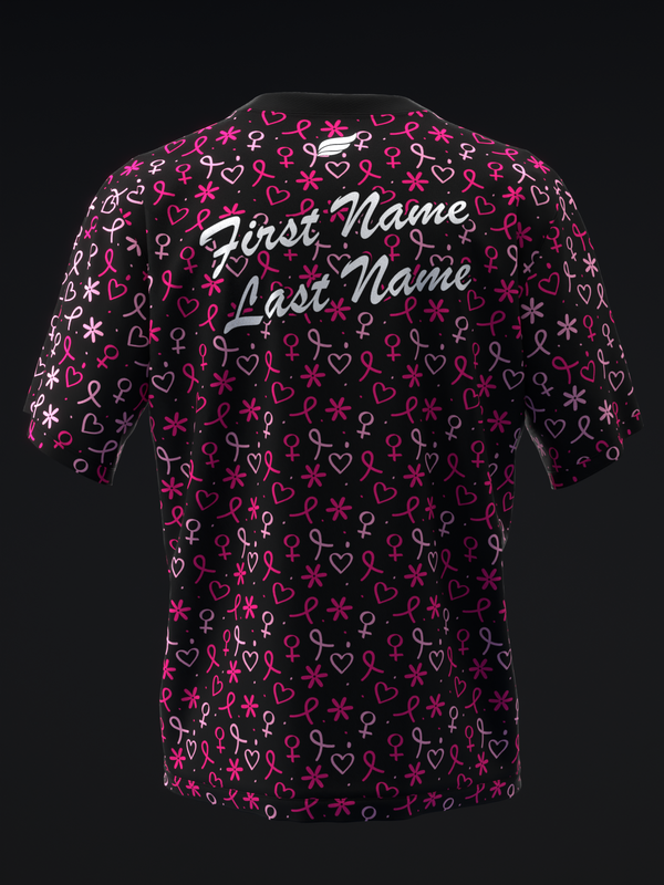 Black bowling jersey with pink hearts, ribbons, and star symbols, personalized nameplate back view