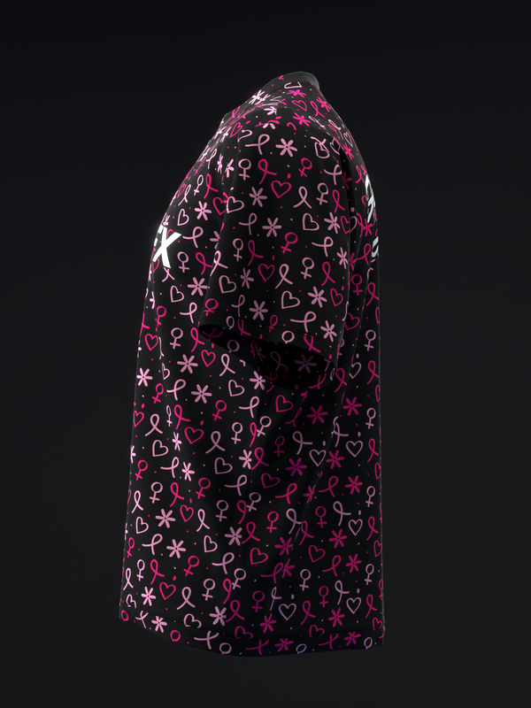 Black bowling jersey with pink and white heart and ribbon symbols throughout