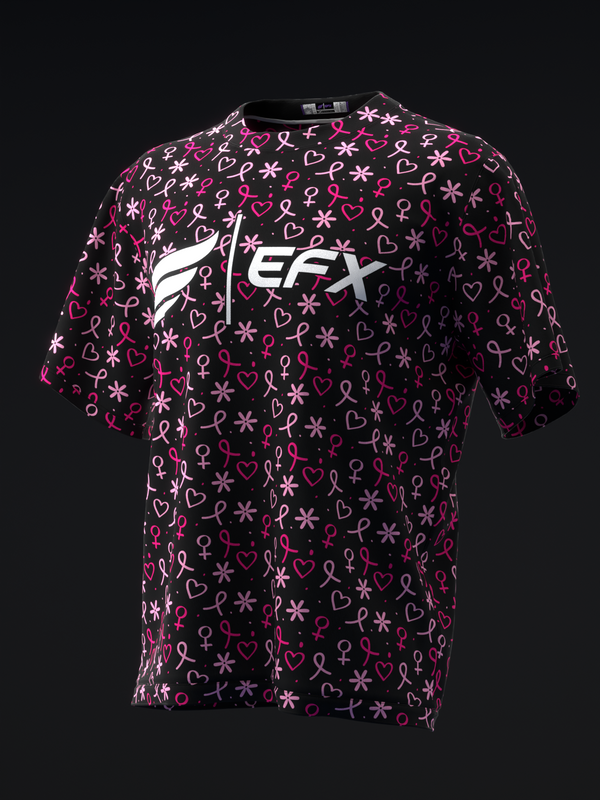 Black bowling jersey with pink and white hearts, ribbons, and star pattern throughout