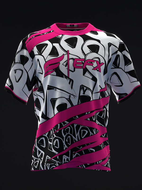 Pink and black bowling jersey with geometric pattern and ribbon graphic detail