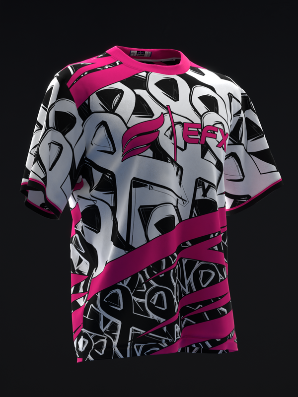 Pink and white bowling jersey with abstract geometric pattern and magenta ribbons across front