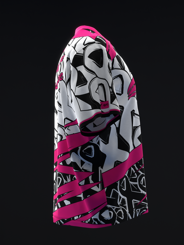 White bowling jersey with pink and black geometric grunge pattern and pink bands