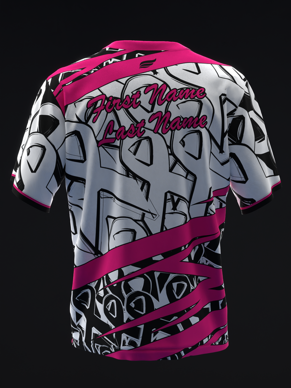 Back view of pink and gray bowling jersey with geometric grunge pattern and pink ribbon design