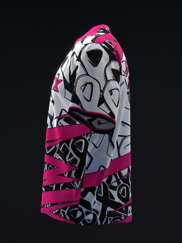 Pink and white bowling jersey with geometric pattern and ribbon design detail
