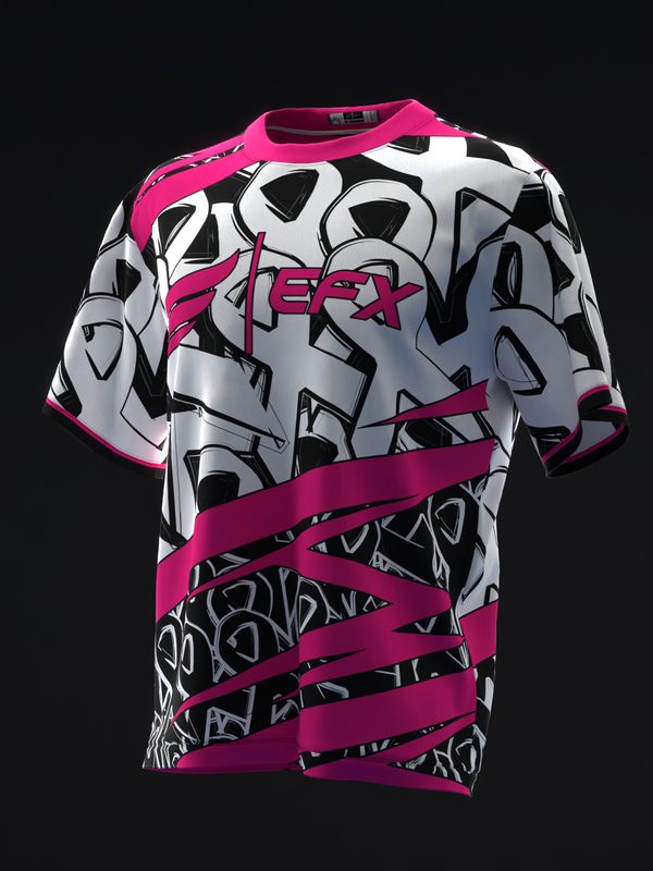 Pink and white bowling jersey with abstract geometric design and pink ribbon graphic bands