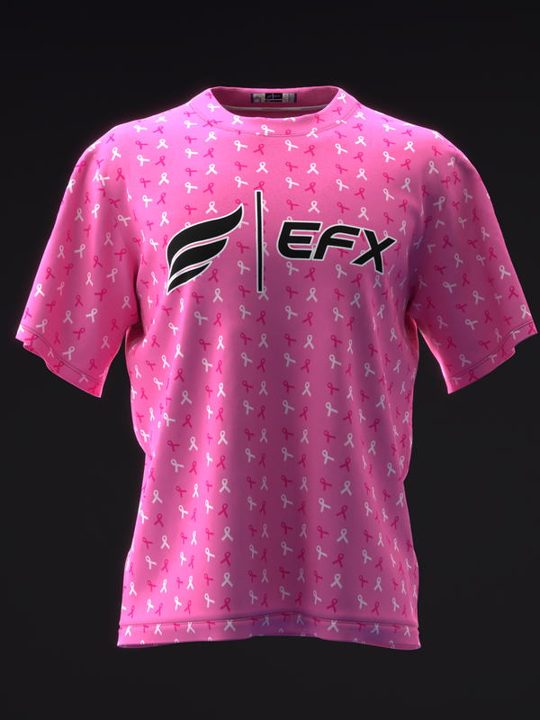 Pink bowling jersey with white ribbon pattern and EFX logo, front view