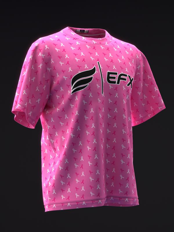 Pink bowling jersey with white ribbon pattern and EFX logo on chest