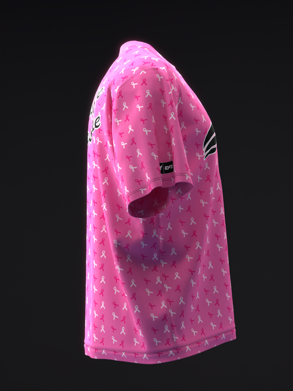 Pink bowling jersey with repeated white ribbon pattern, three-quarter view
