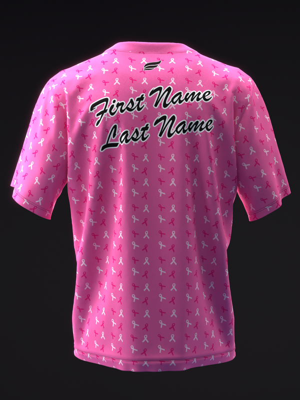 Pink bowling jersey with white ribbon pattern and personalized name text on back