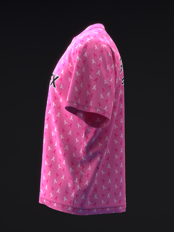 Pink bowling jersey with white ribbon pattern and black logo on shoulder