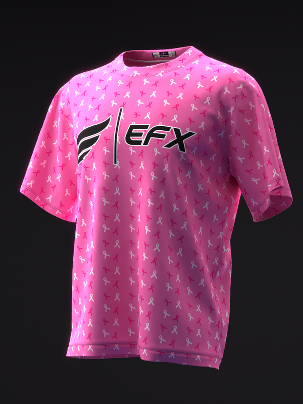 Bright pink bowling jersey with white ribbon pattern and EFX logo, front view