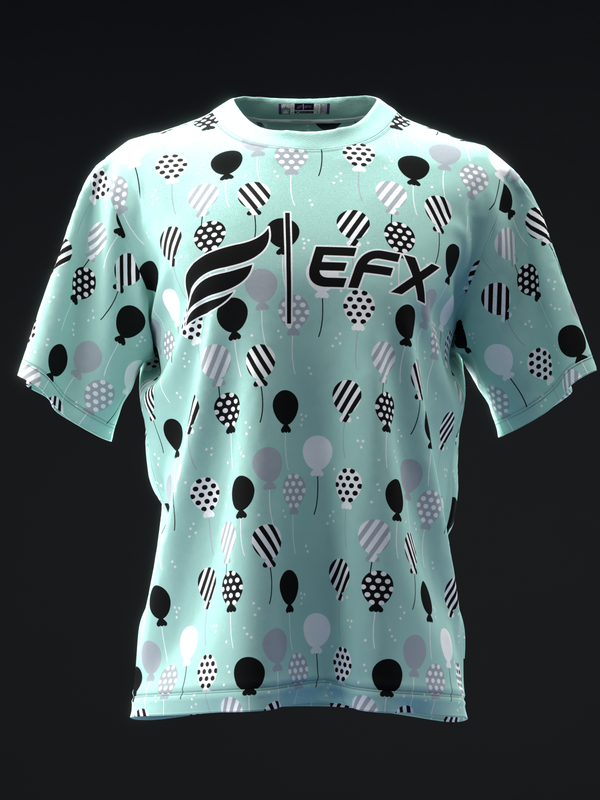 Teal bowling jersey with black and white balloon pattern and EFX logo, front view
