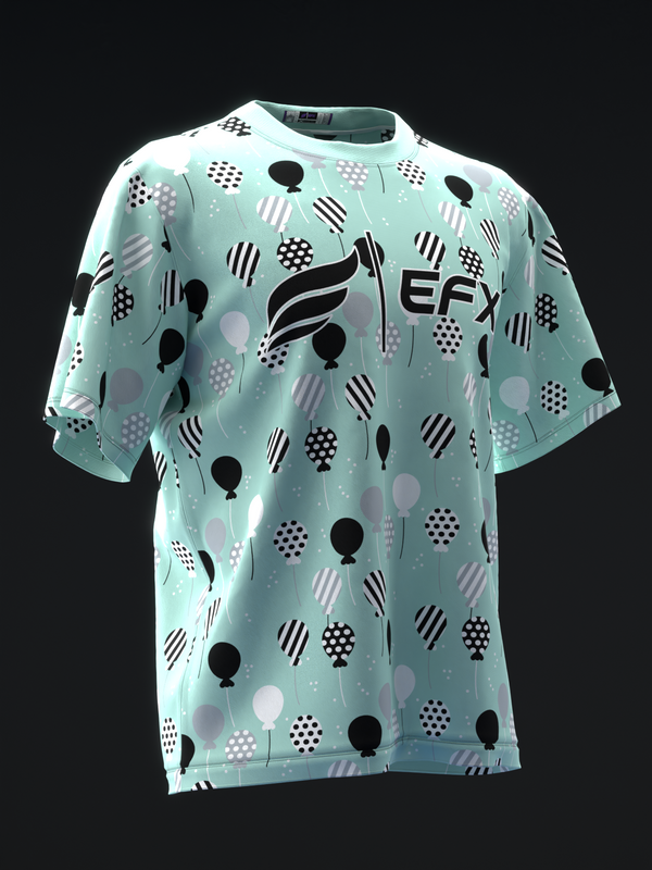 Teal bowling jersey with black and white geometric pattern and EFX logo, front view