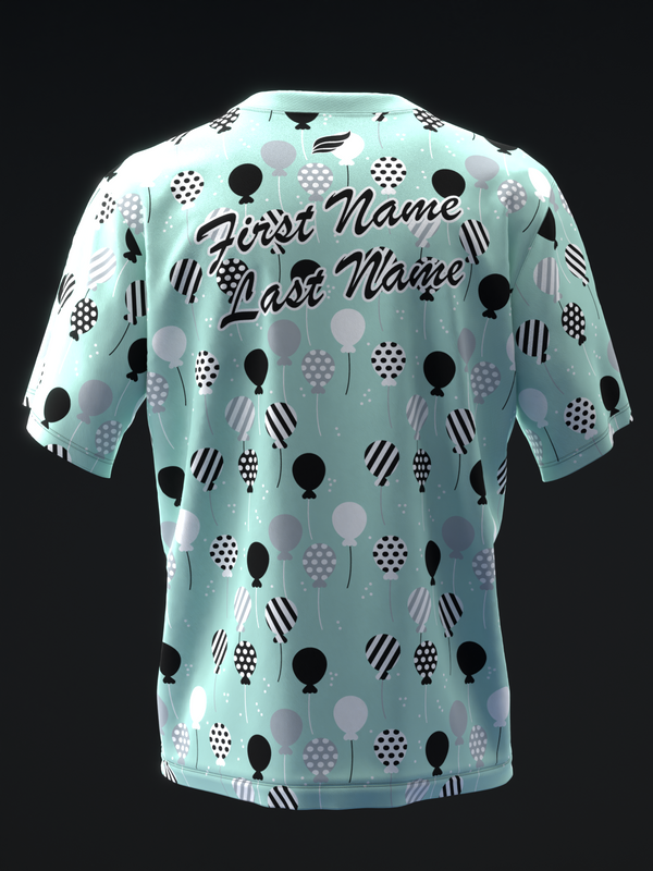 Light blue bowling jersey with black and white balloon pattern and personalization text