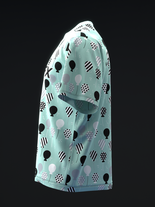 Teal bowling jersey with black and white balloon pattern, side view