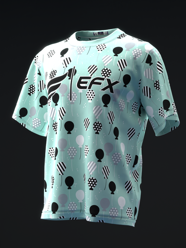 Light teal bowling jersey with black and white balloon pattern design