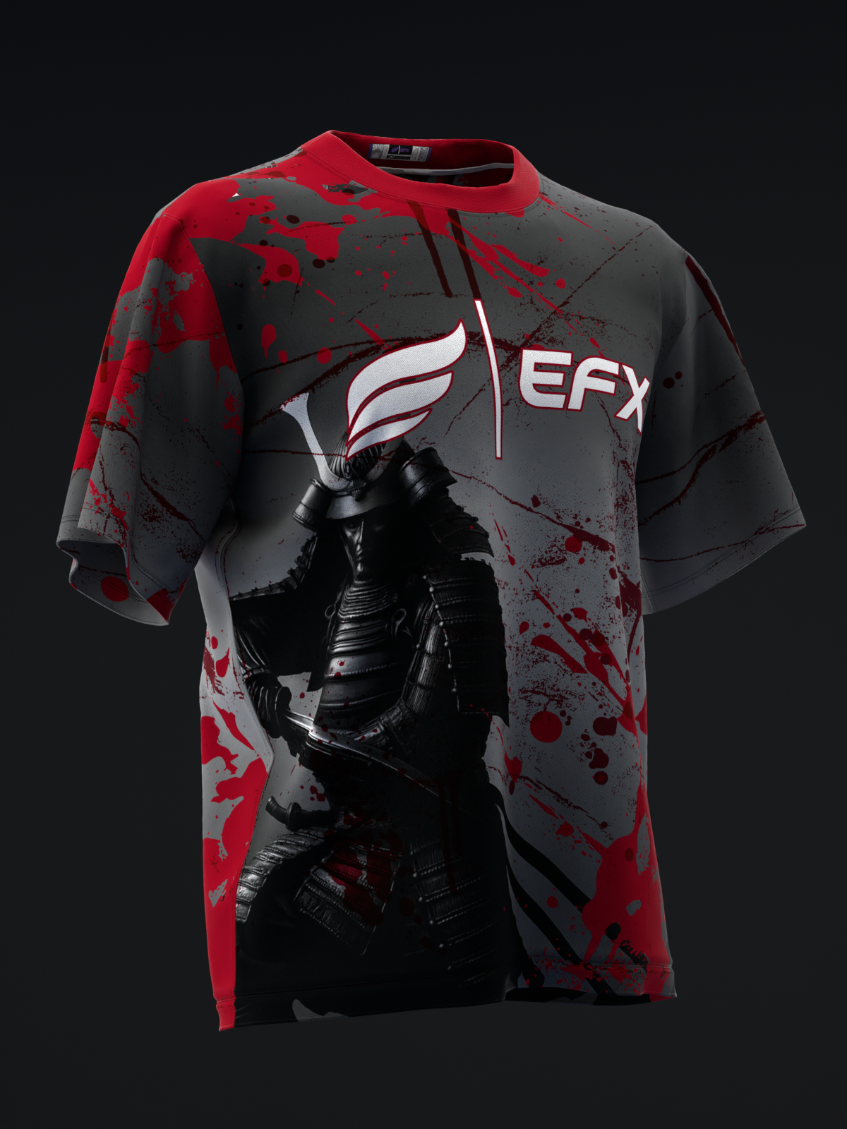 Black bowling jersey with red splatter pattern and EFX logo, front view