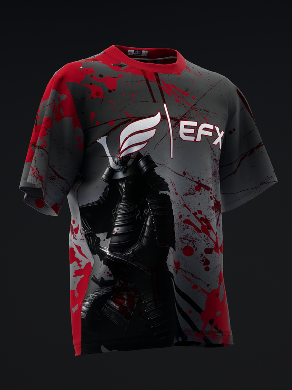 Black bowling jersey with red splatter pattern and EFX logo, front view