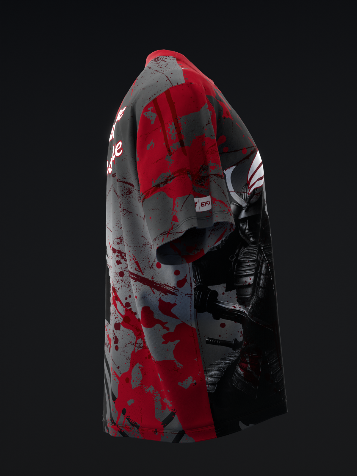 Red and gray bowling jersey with distressed splatter pattern, side view