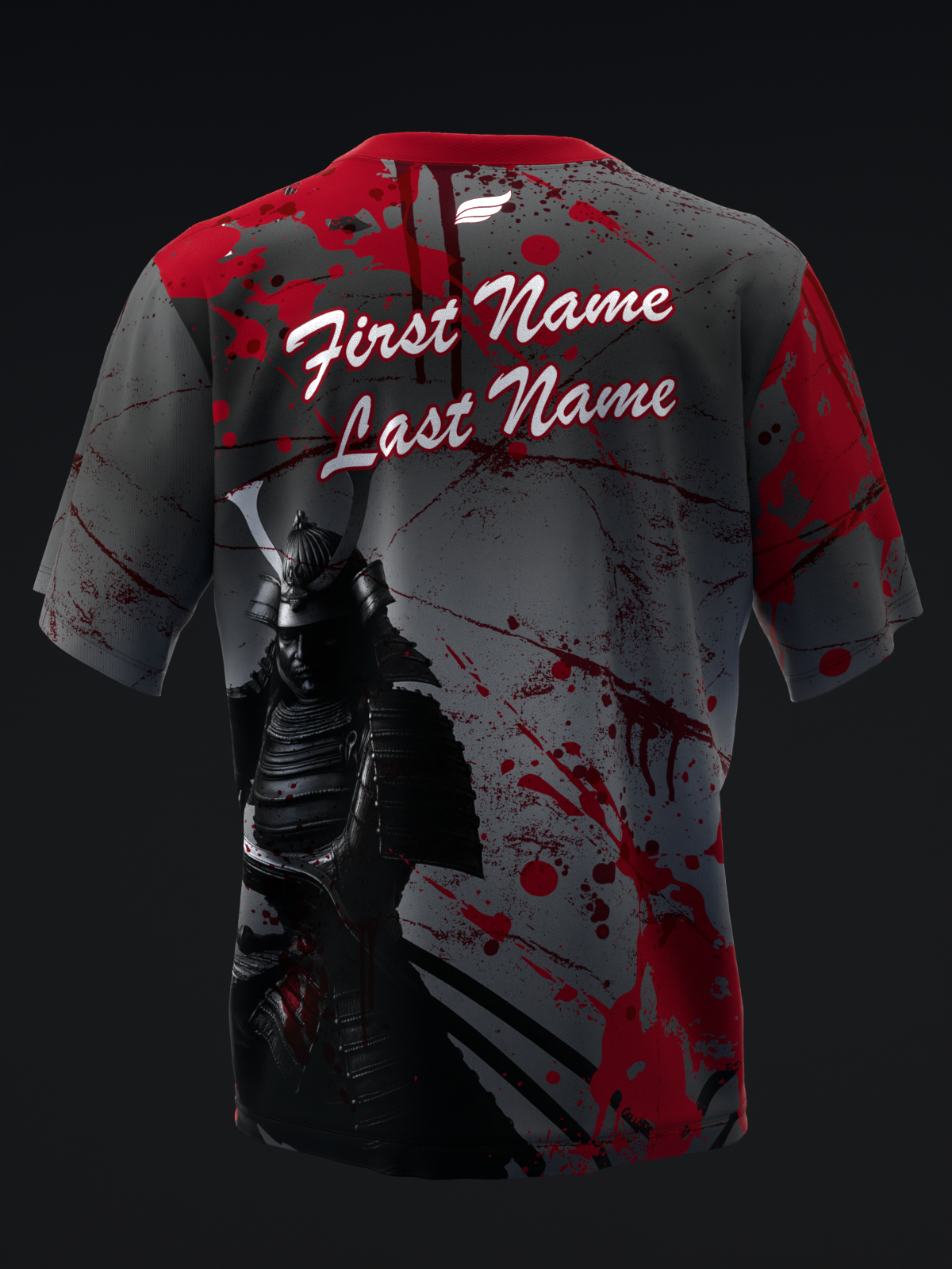 Gray and red bowling jersey with splatter pattern and dark warrior graphic
