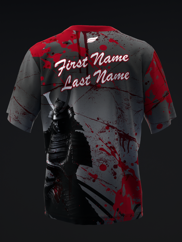 Gray and red bowling jersey with splatter pattern and dark warrior graphic