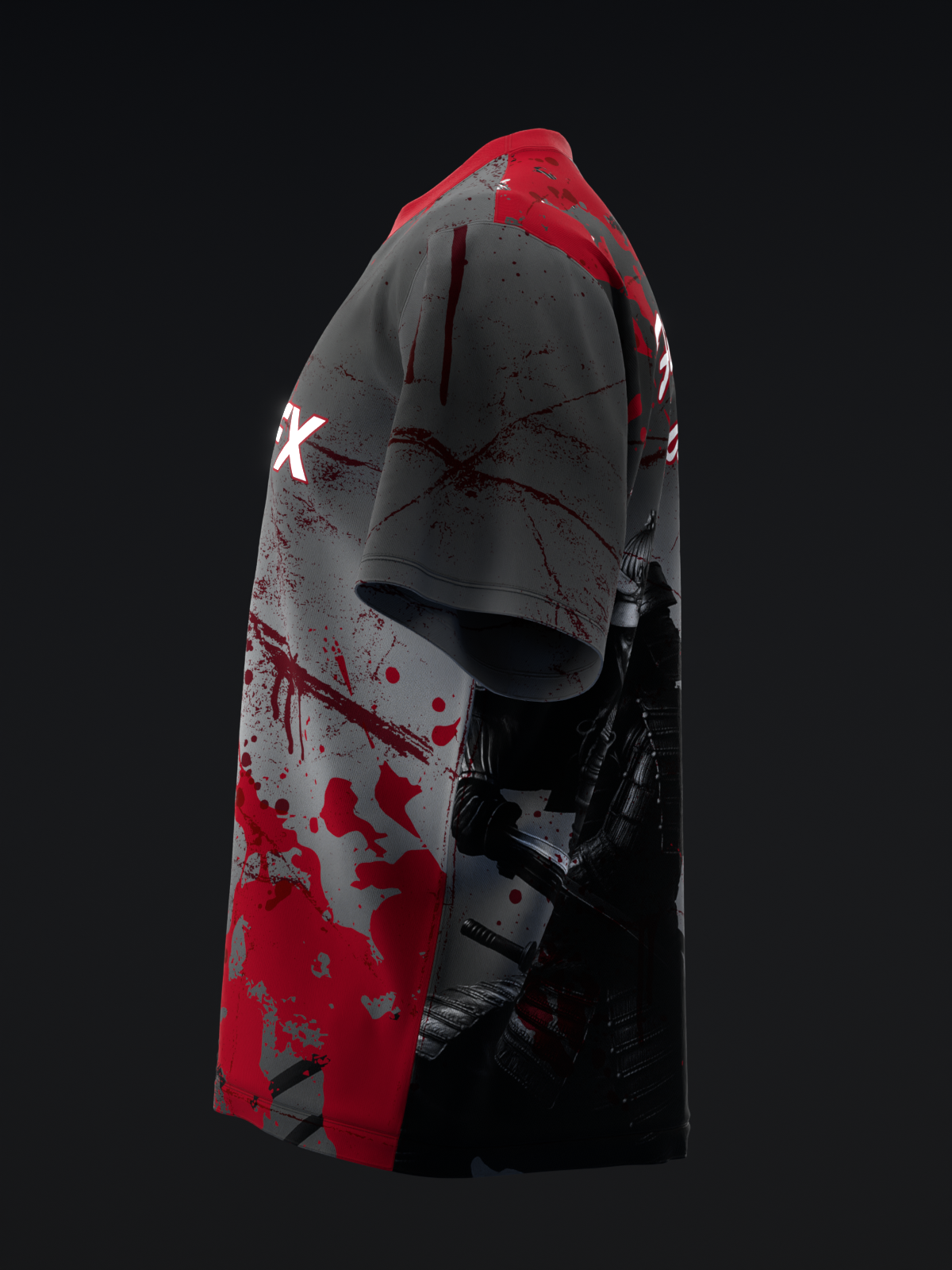 Gray and red bowling jersey with splatter pattern and white graphic design