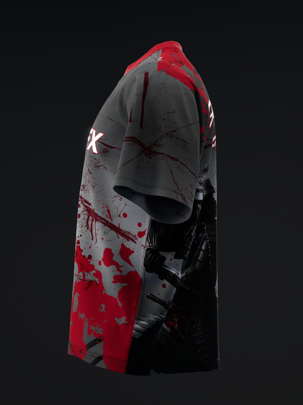 Gray and red bowling jersey with splatter pattern and white graphic design