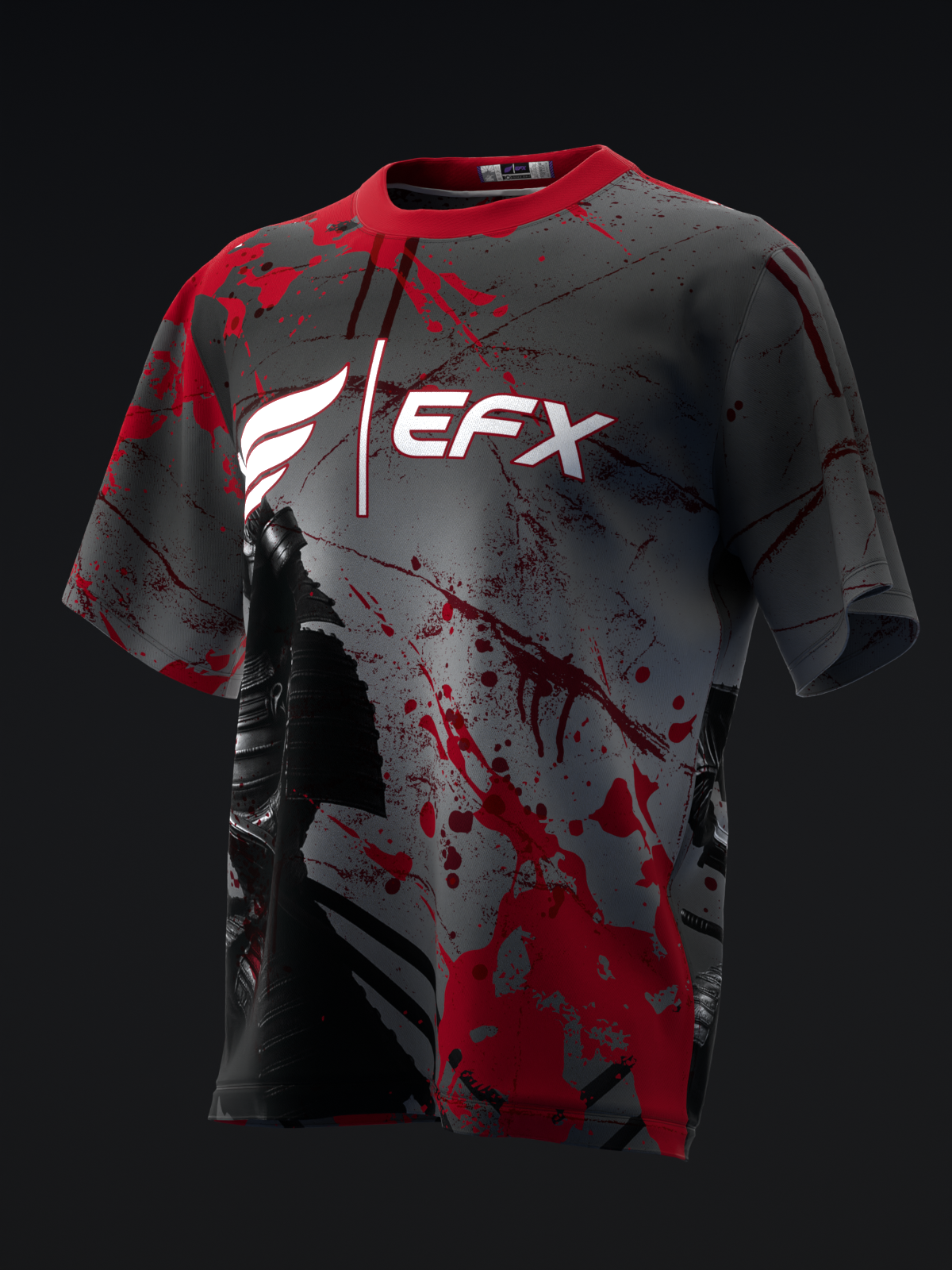 Black and red splatter pattern bowling jersey with white EFX logo, front view