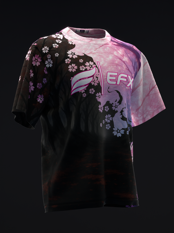 Black and pink bowling jersey with floral design and EFX logo, front view
