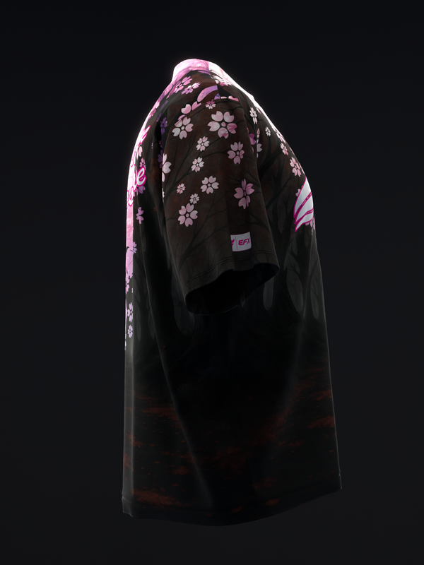 Black bowling jersey with pink floral pattern, three-quarter back view