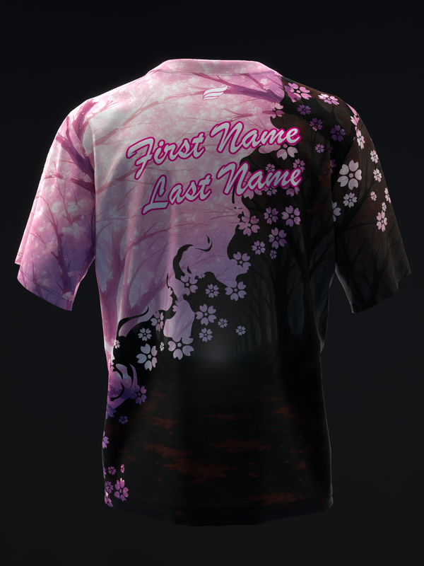 Black and pink bowling jersey with floral design and personalization text