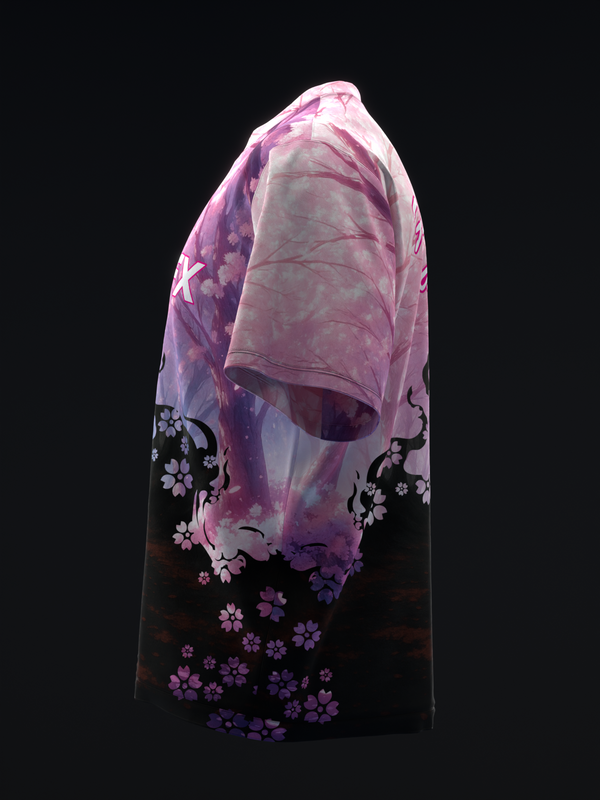 Black bowling jersey with pink and purple gradient floral design on side