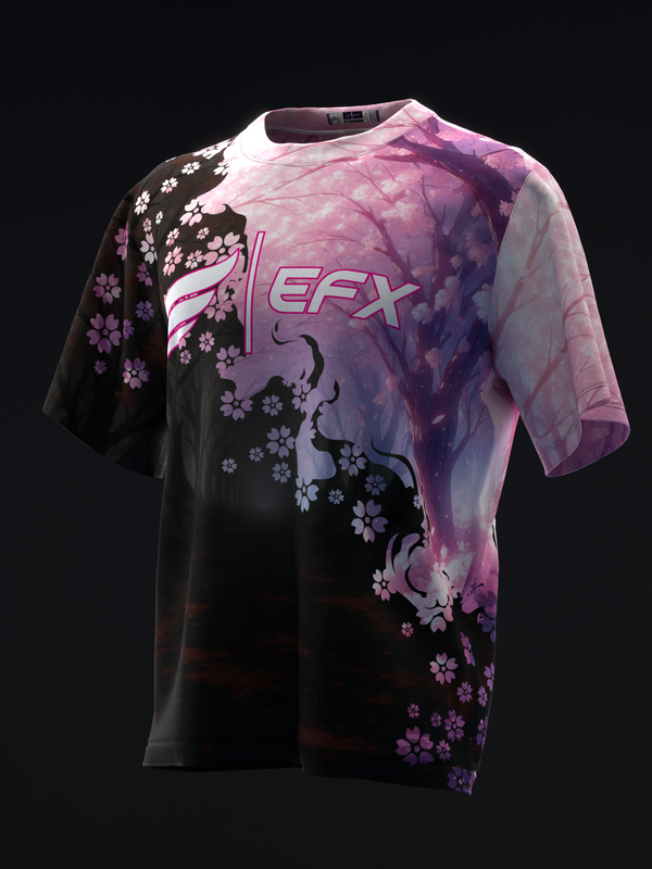 Black and pink bowling jersey with floral and abstract swirl design, front view